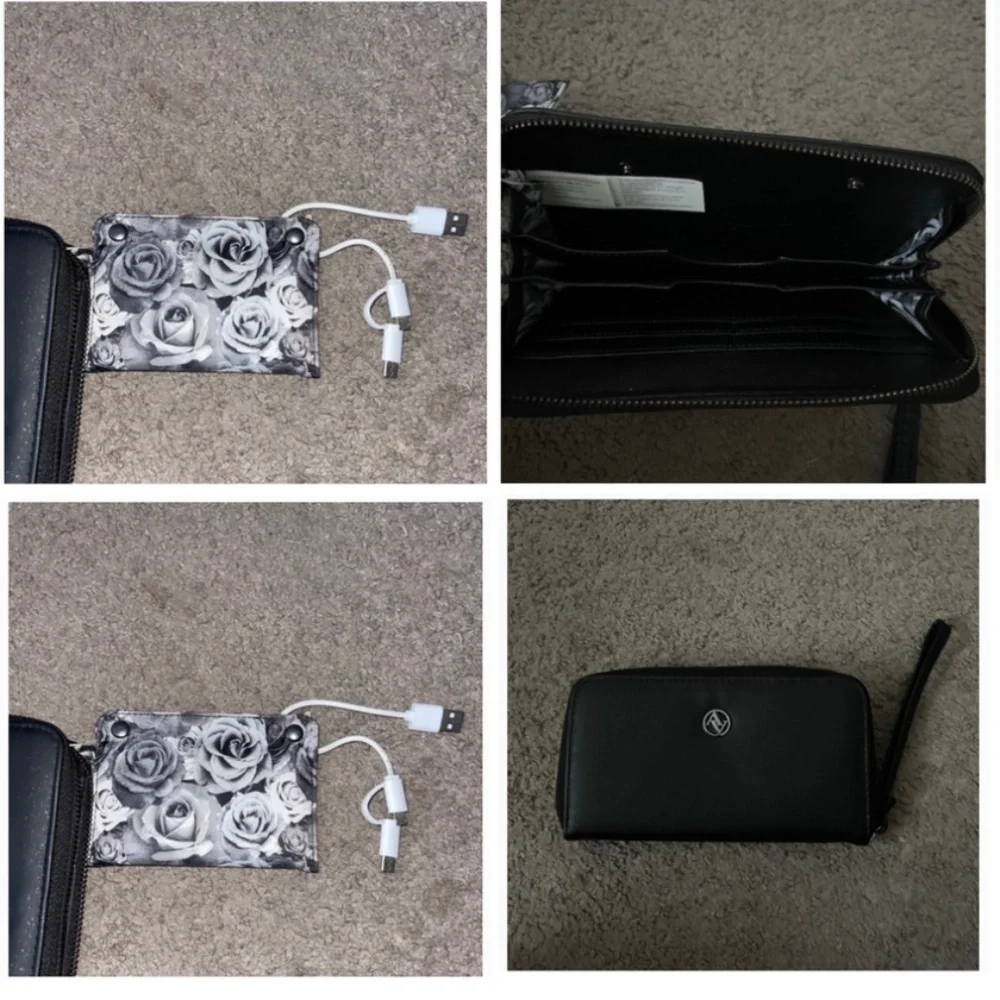 Phone charger wallet Adrienne Vittadini black leather zip around wristlet